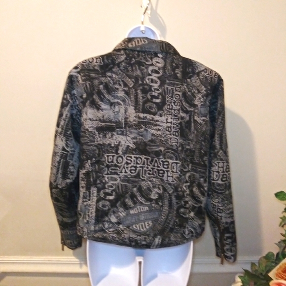 Harley-Davidson News Print Patterned Black & Gray Moto Jacket - Picture 8 of 16
